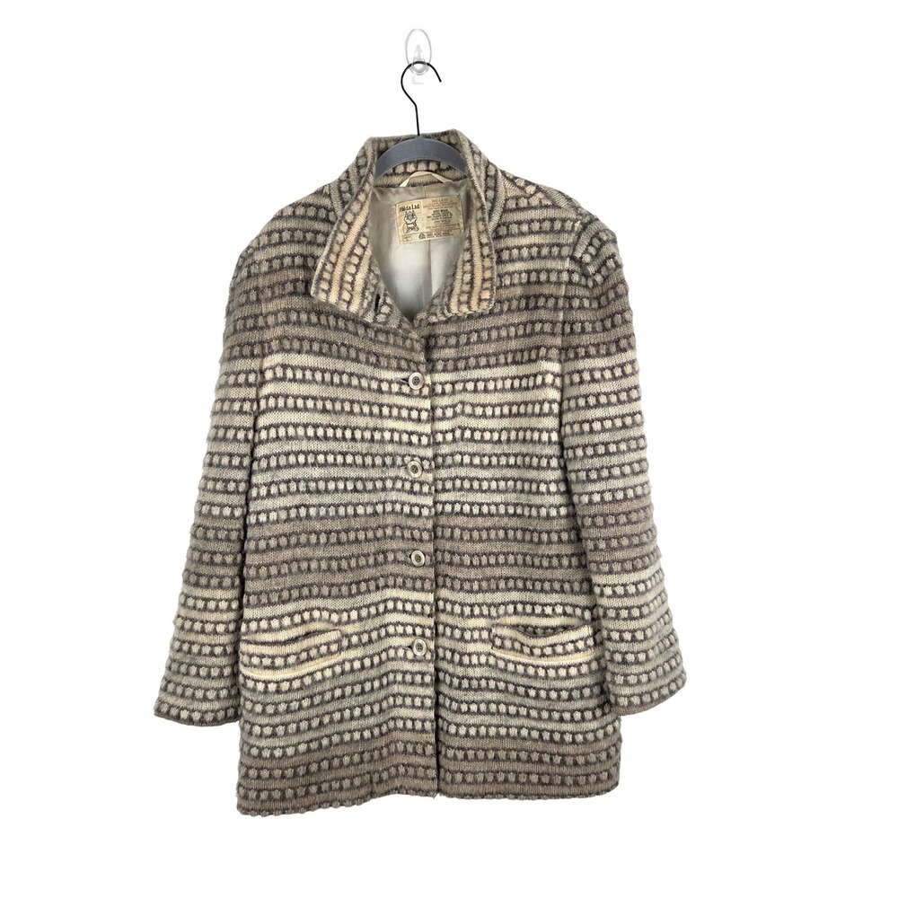 Vtg‎ Hilda Ltd Cream Brown Wool Jacket L Striped Button Front Iceland Scandi